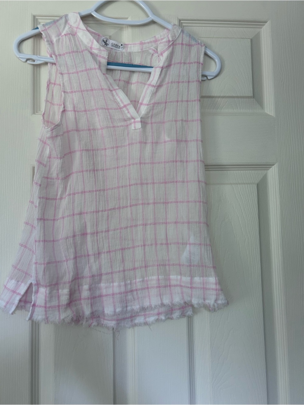 Carve Designs Girls' White Tank with Pink Windowpane Check